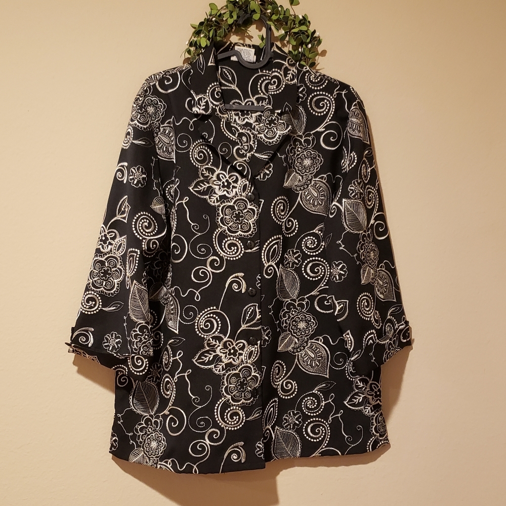 BON WORTH Black With White Embroidery Shacket Shirt Jacket - Size S